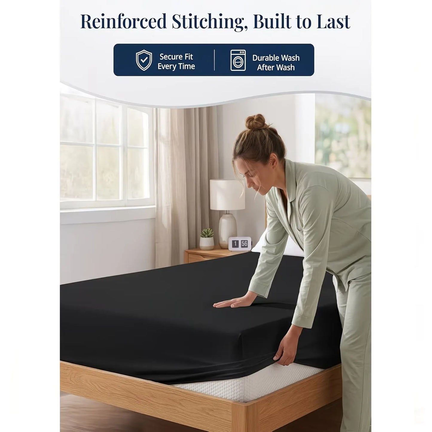Hotel Quality Fitted Sheet - 1 Piece Fitted Sheet  -Breathable Bedding - Wrinkle, Fade, Stain Resistant- 16inch/40cm Deep Pocket Fitted Bed Sheet-Wrinkle and Fade Resistant,(Black,Queen) - Image 2