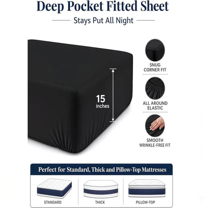 Hotel Quality Fitted Sheet - 1 Piece Fitted Sheet  -Breathable Bedding - Wrinkle, Fade, Stain Resistant- 16inch/40cm Deep Pocket Fitted Bed Sheet-Wrinkle and Fade Resistant,(Black,Queen) - Image 3