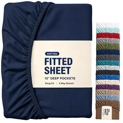 Hotel Quality Fitted Sheet - 1 Piece Fitted Sheet  -Breathable Bedding - Wrinkle, Fade, Stain Resistant- 16inch/40cm Deep Pocket Fitted Bed Sheet-Wrinkle and Fade Resistant,(Navy,Queen)