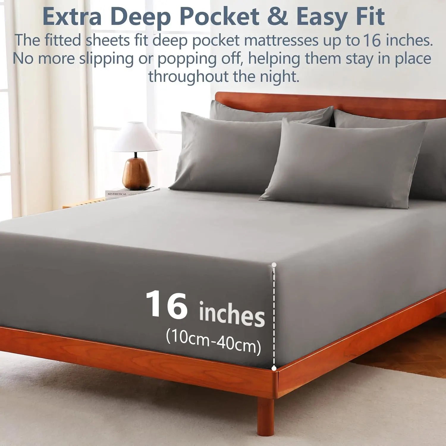 Hotel Soft Bed Sheet Set- Bedding Sheets & Pillowcases -Breathable Bedding - Wrinkle, Fade, Stain Resistant-Deep Pocket Flat Fitted Bed Sheet Set(Grey,Single) - Image 2