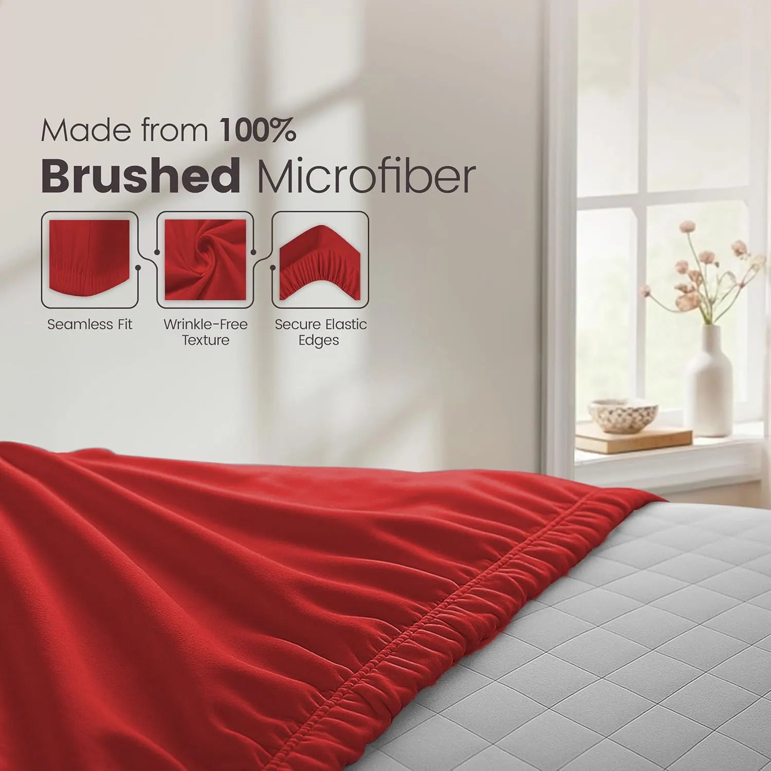 Hotel Quality Fitted Sheet - 1 Piece Fitted Sheet  -Breathable Bedding - Wrinkle, Fade, Stain Resistant- 16inch/40cm Deep Pocket Fitted Bed Sheet-Wrinkle and Fade Resistant,(Red,Single) - Image 5