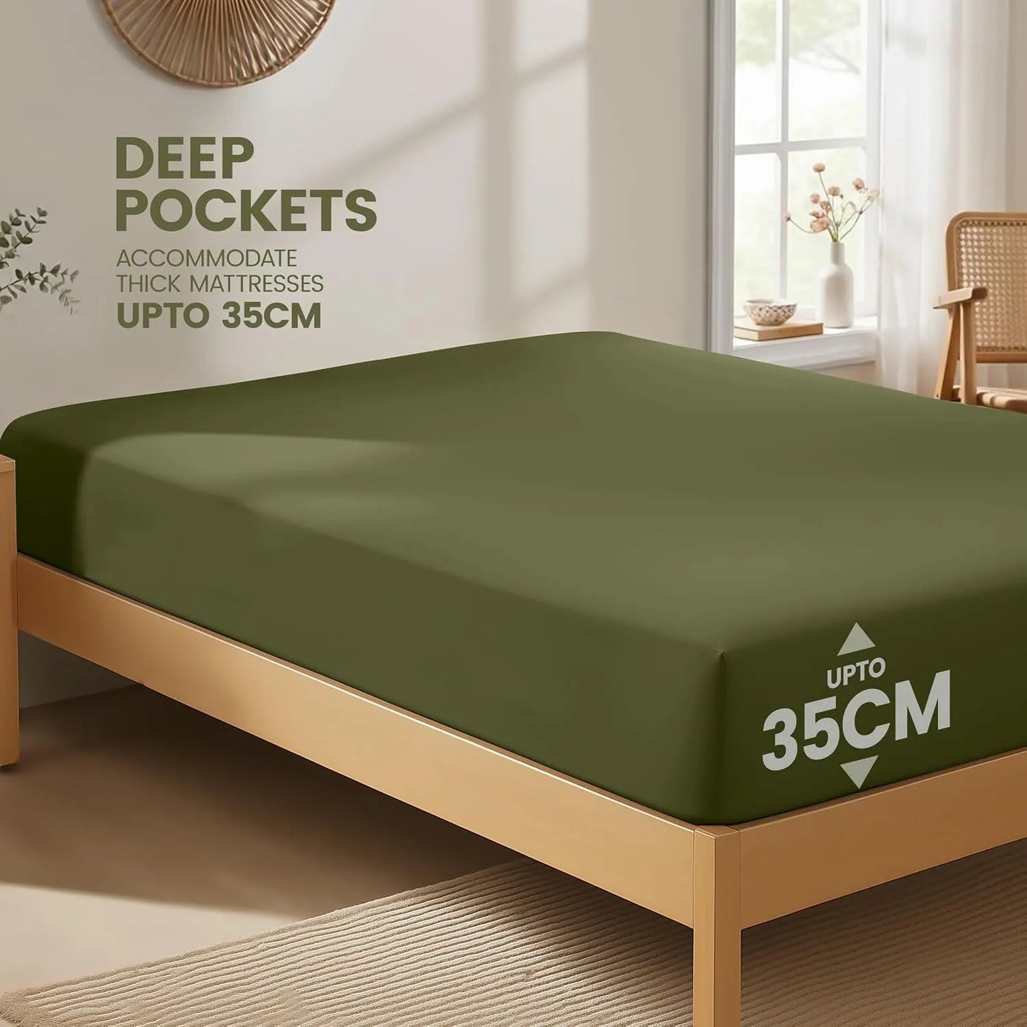 Hotel Quality Fitted Sheet - 1 Piece Fitted Sheet  -Breathable Bedding - Wrinkle, Fade, Stain Resistant- 16inch/40cm Deep Pocket Fitted Bed Sheet-Wrinkle and Fade Resistant,(Olive green,Single) - Image 2