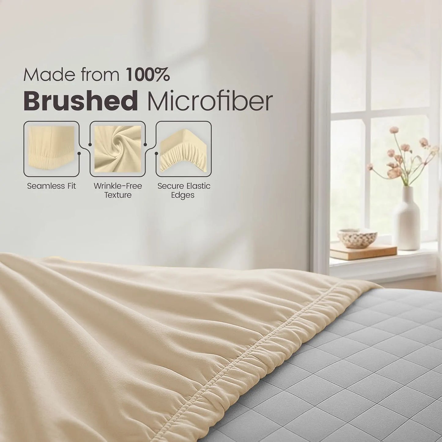 Hotel Quality Fitted Sheet - 1 Piece Fitted Sheet  -Breathable Bedding - Wrinkle, Fade, Stain Resistant- 16inch/40cm Deep Pocket Fitted Bed Sheet-Wrinkle and Fade Resistant,(Cream White,Single) - Image 4