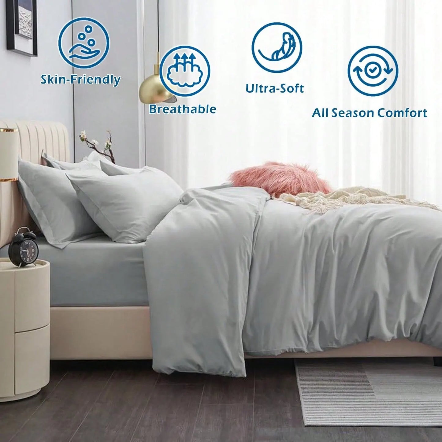 Hotel Soft Microfiber Duvet Cover Set-2000TC Quilt Cover Set & Pillowcases -1 Donna Cover Zipper Closure & 1 x Pillowcases-Breathable Bedding - Wrinkle, Fade, Stain Resistant(Silver-gray,Super King) - Image 3