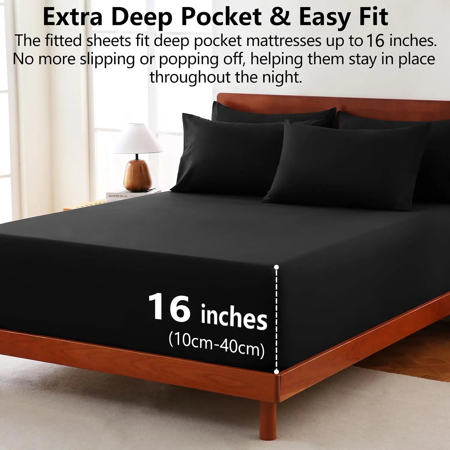 Hotel Soft Bed Sheet Set- Bedding Sheets & Pillowcases -Breathable Bedding - Wrinkle, Fade, Stain Resistant-Deep Pocket Flat Fitted Bed Sheet Set(Black,Super King) - Image 2