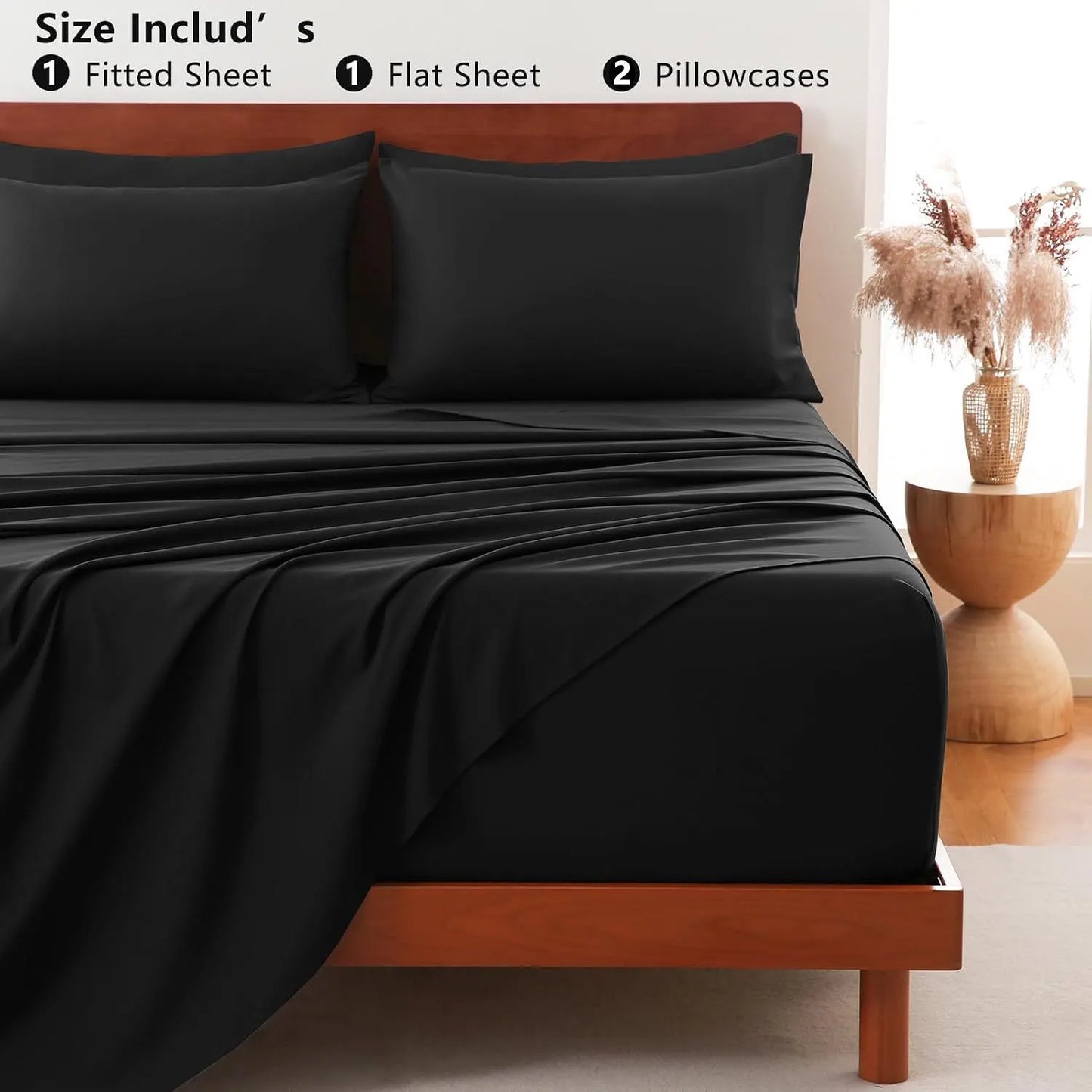 Hotel Soft Bed Sheet Set- Bedding Sheets & Pillowcases -Breathable Bedding - Wrinkle, Fade, Stain Resistant-Deep Pocket Flat Fitted Bed Sheet Set(Black,Super King) - Image 7