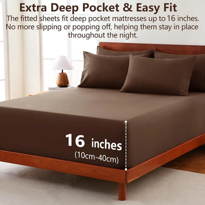 Hotel Soft Bed Sheet Set- Bedding Sheets & Pillowcases -Breathable Bedding - Wrinkle, Fade, Stain Resistant-Deep Pocket Flat Fitted Bed Sheet Set(Chocolate,Super King) - Image 2