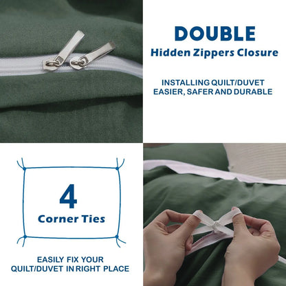 3 Piece Hotel Soft Microfiber Quilt Cover Set-2000TC Duvet/Donna Cover Set & Pillowcases -1 Quilt Cover Zipper Closure & 1 x Pillowcases-Breathable Bedding - Wrinkle, Fade, Stain Resistant(Olive green,Double) - Image 3