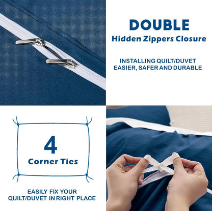 3 Piece Hotel Soft Microfiber Quilt Cover Set-2000TC Duvet/Donna Cover Set & Pillowcases -1 Quilt Cover Zipper Closure & 1 x Pillowcases-Breathable Bedding - Wrinkle, Fade, Stain Resistant(Navy,Double) - Image 3