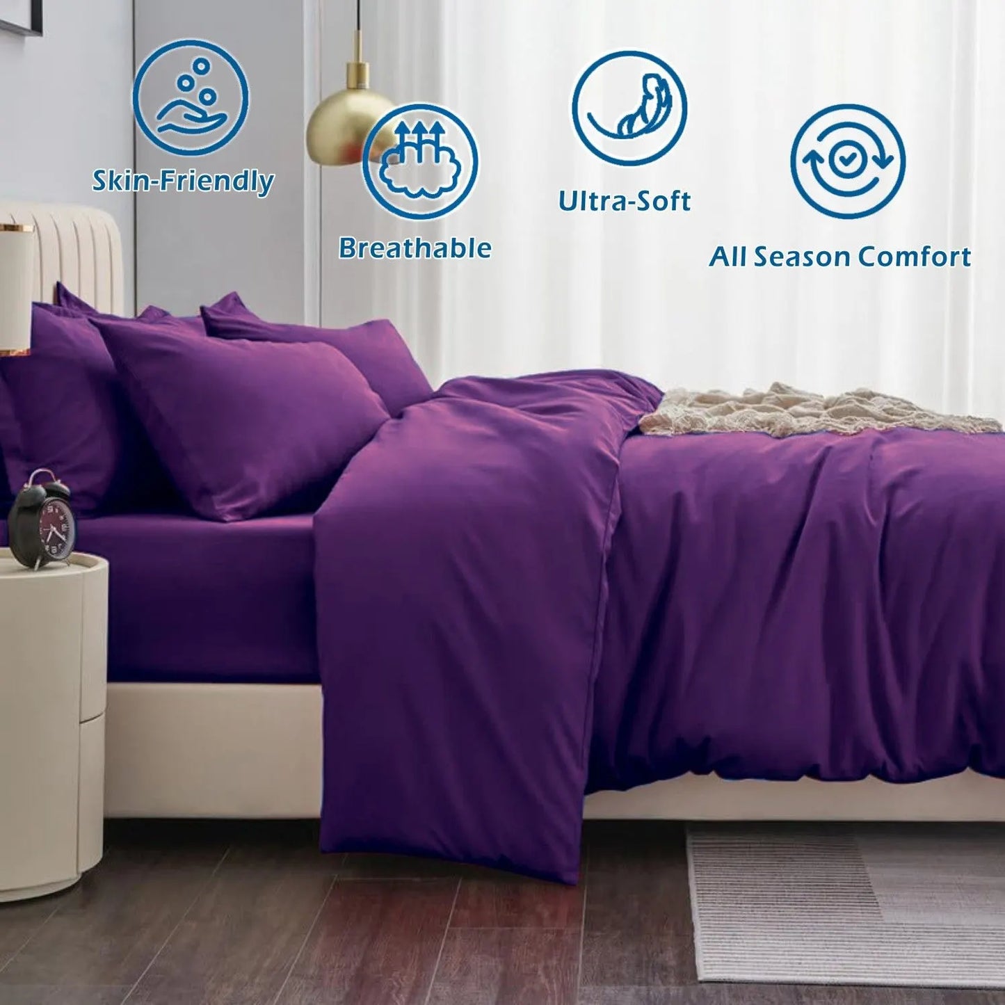 3 Piece Hotel Soft Microfiber Quilt Cover Set-2000TC Duvet/Donna Cover Set & Pillowcases -1 Quilt Cover Zipper Closure & 1 x Pillowcases-Breathable Bedding - Wrinkle, Fade, Stain Resistant(Purple,Double) - Image 2