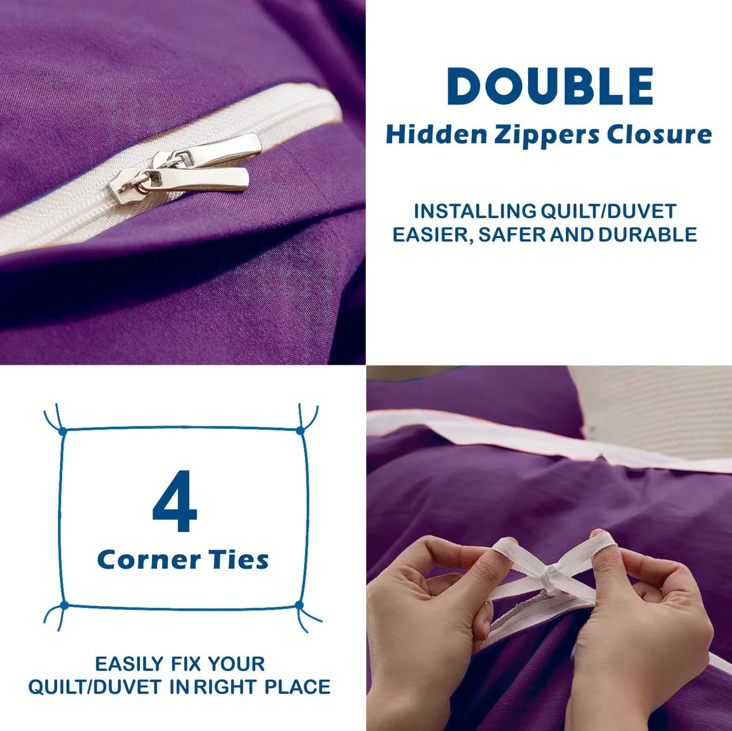 3 Piece Hotel Soft Microfiber Quilt Cover Set-2000TC Duvet/Donna Cover Set & Pillowcases -1 Quilt Cover Zipper Closure & 1 x Pillowcases-Breathable Bedding - Wrinkle, Fade, Stain Resistant(Purple,Double) - Image 3