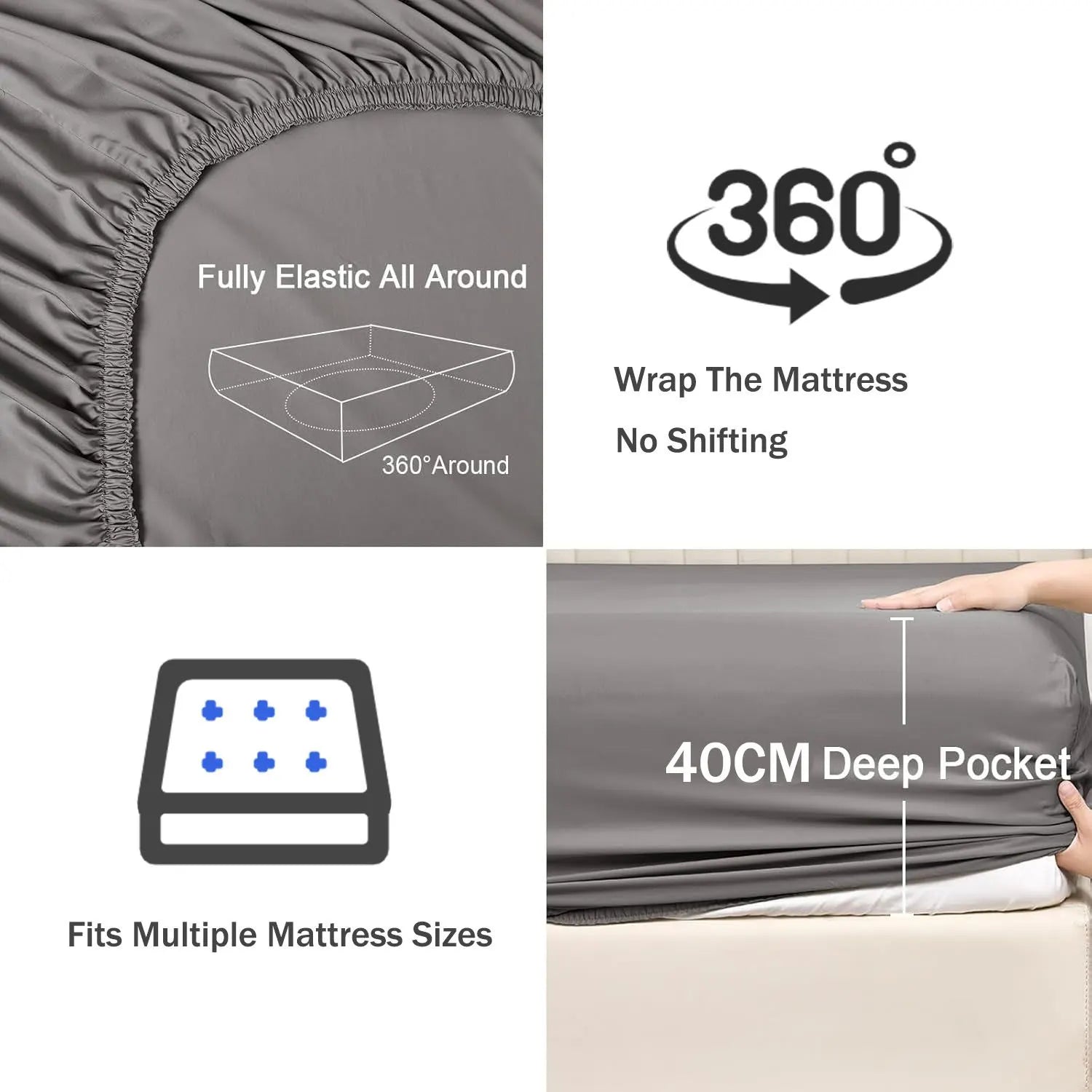3 Piece Fitted Sheet Set- Fitted Sheet & Pillowcases -Breathable Bedding - Wrinkle, Fade, Stain Resistant- 40cm Deep Pocket Fitted Bed Sheet Set(Grey,Double) - Image 3