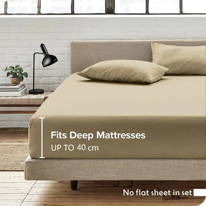 3 Piece Fitted Sheet Set- Fitted Sheet & Pillowcases -Breathable Bedding - Wrinkle, Fade, Stain Resistant- 40cm Deep Pocket Fitted Bed Sheet Set(Camel Beige,Double)