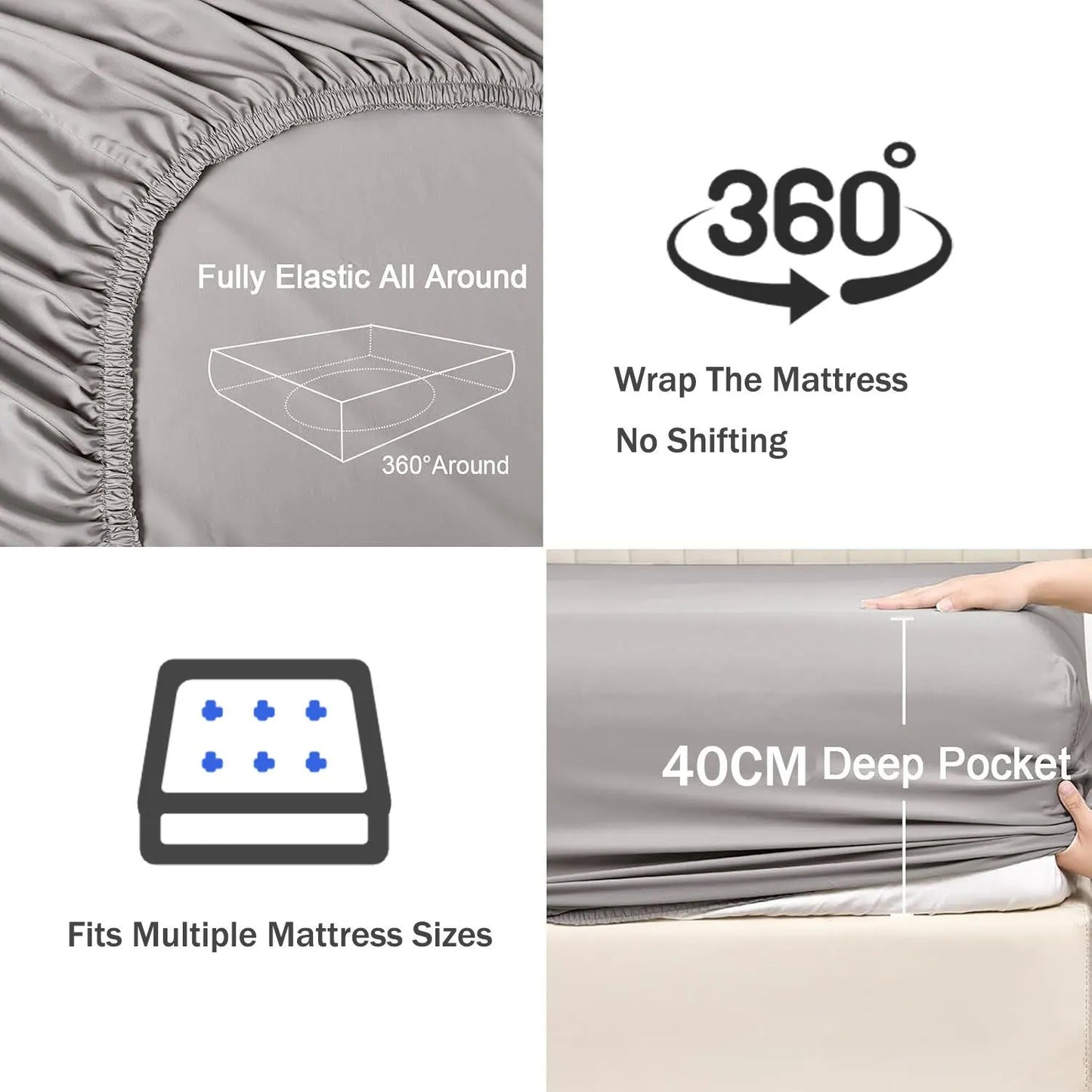 3 Piece Fitted Sheet Set- Fitted Sheet & Pillowcases -Breathable Bedding - Wrinkle, Fade, Stain Resistant- 40cm Deep Pocket Fitted Bed Sheet Set(Silver-gray,Double) - Image 3