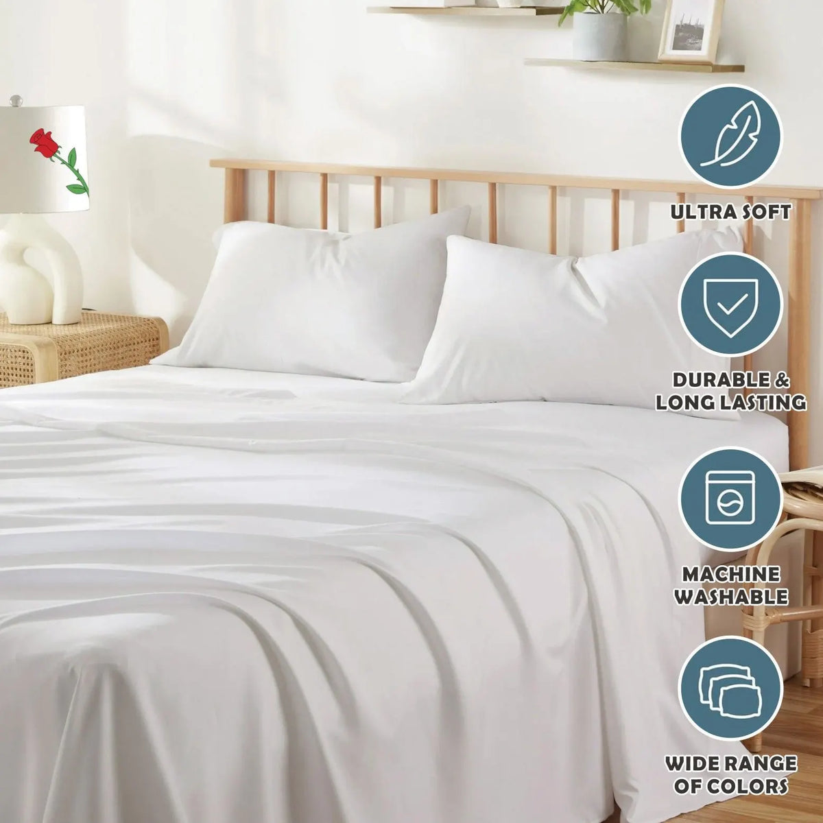 4 Piece Bed Sheet Set- Bedding Sheets & Pillowcases -Breathable Bedding - Wrinkle, Fade, Stain Resistant-Deep Pocket Flat Fitted Bed Sheet Set(White,Double) - Image 6