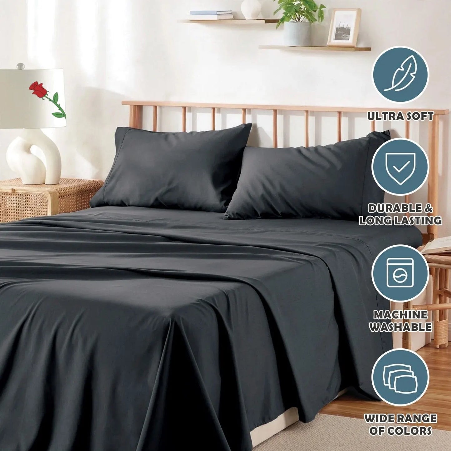 4 Piece Bed Sheet Set- Bedding Sheets & Pillowcases -Breathable Bedding - Wrinkle, Fade, Stain Resistant-Deep Pocket Flat Fitted Bed Sheet Set(Black,Double) - Image 6