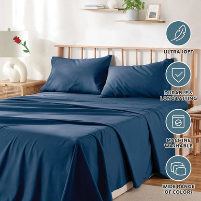 4 Piece Bed Sheet Set- Bedding Sheets & Pillowcases -Breathable Bedding - Wrinkle, Fade, Stain Resistant-Deep Pocket Flat Fitted Bed Sheet Set(Navy,Double) - Image 6