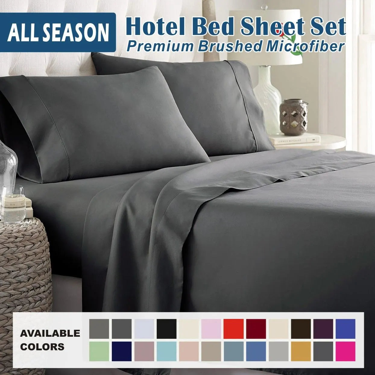 4 Piece Bed Sheet Set- Bedding Sheets & Pillowcases -Breathable Bedding - Wrinkle, Fade, Stain Resistant-Deep Pocket Flat Fitted Bed Sheet Set(Dark gray,Double)