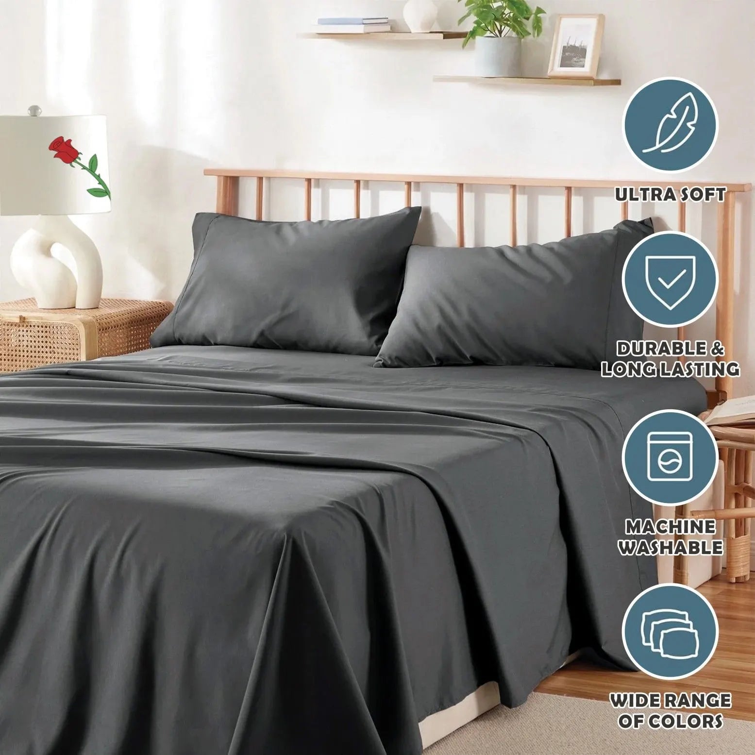 4 Piece Bed Sheet Set- Bedding Sheets & Pillowcases -Breathable Bedding - Wrinkle, Fade, Stain Resistant-Deep Pocket Flat Fitted Bed Sheet Set(Dark gray,Double) - Image 6