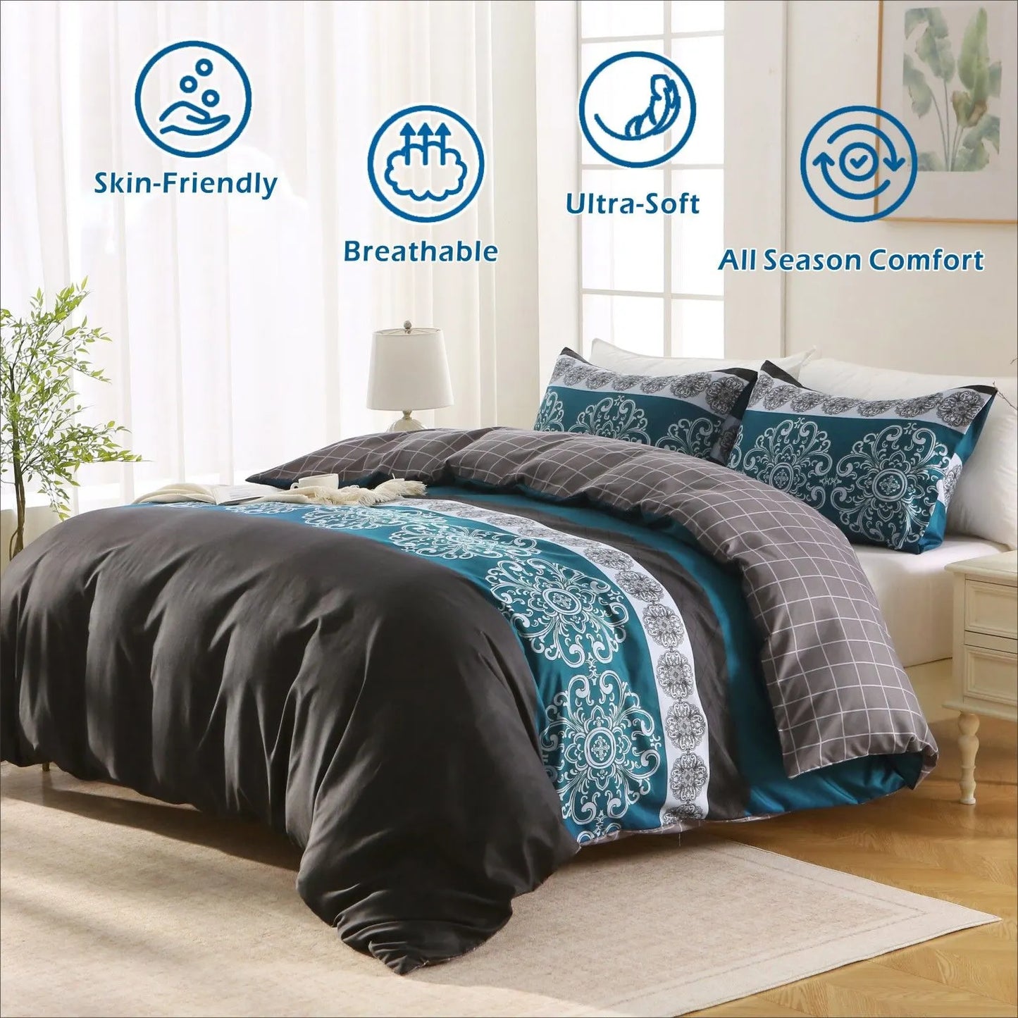 3 Piece Hotel Soft Microfiber Quilt Cover Set-2000TC Duvet/Donna Cover Set & Pillowcases -1 Quilt Cover Zipper Closure & 1 x Pillowcases-Breathable Bedding - Wrinkle, Fade, Stain Resistant(Bohemian,King) - Image 2
