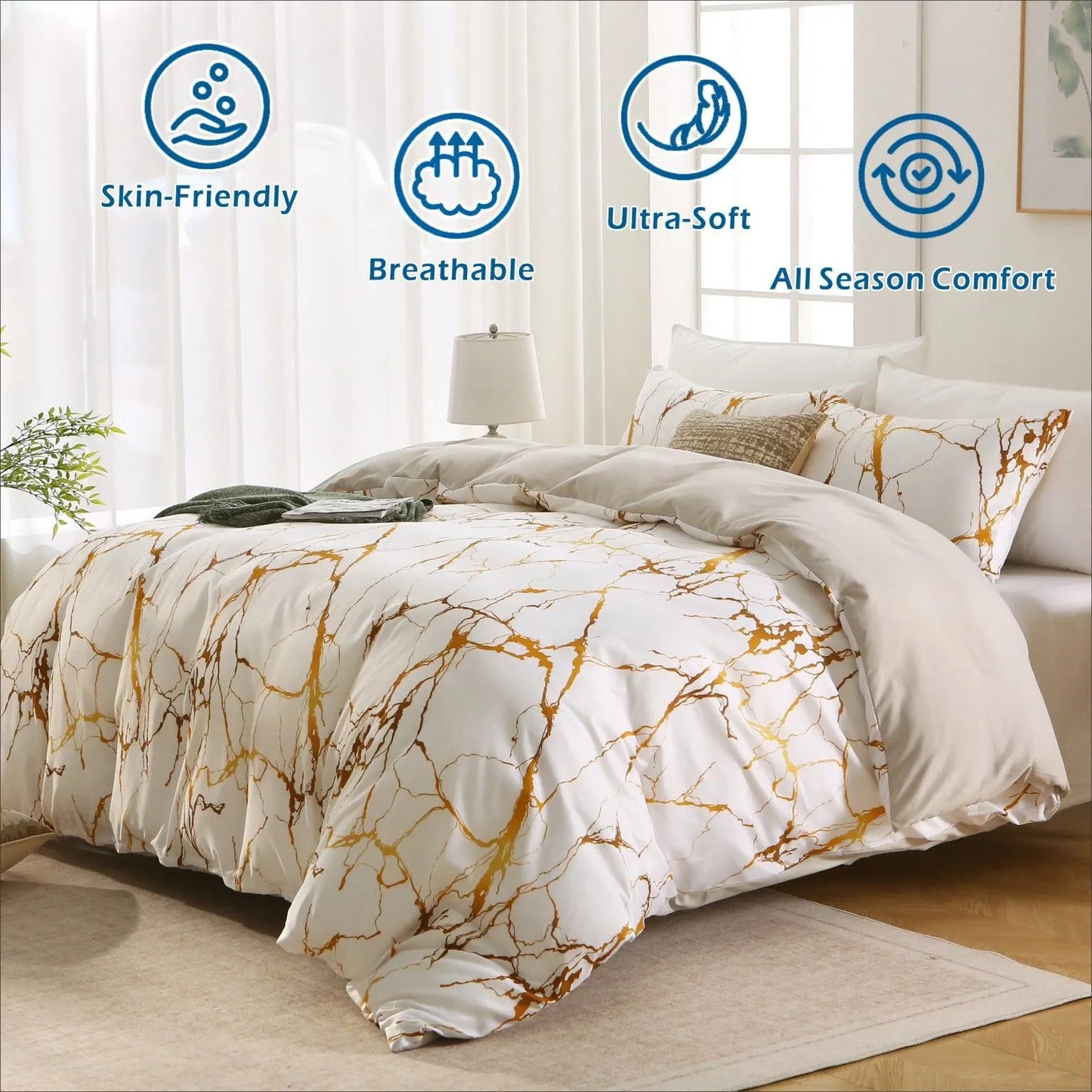 3 Piece Hotel Soft Microfiber Quilt Cover Set-2000TC Duvet/Donna Cover Set & Pillowcases -1 Quilt Cover Zipper Closure & 1 x Pillowcases-Breathable Bedding - Wrinkle, Fade, Stain Resistant(Marble Gleam,King) - Image 2