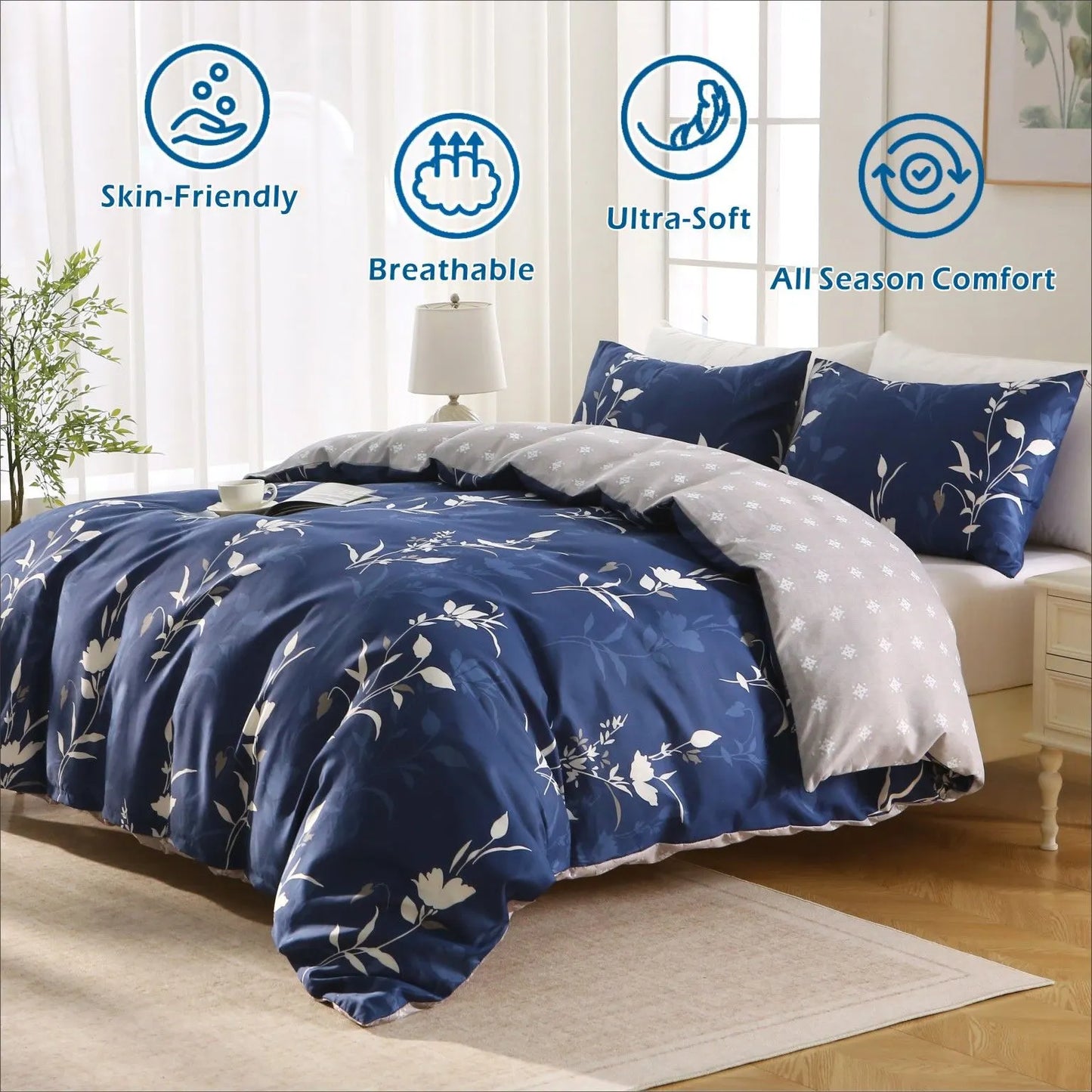 3 Piece Hotel Soft Microfiber Quilt Cover Set-2000TC Duvet/Donna Cover Set & Pillowcases -1 Quilt Cover Zipper Closure & 1 x Pillowcases-Breathable Bedding - Wrinkle, Fade, Stain Resistant(Navy Floral,King) - Image 2