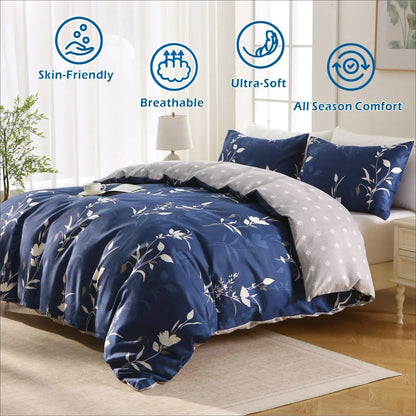 3 Piece Hotel Soft Microfiber Quilt Cover Set-2000TC Duvet/Donna Cover Set & Pillowcases -1 Quilt Cover Zipper Closure & 1 x Pillowcases-Breathable Bedding - Wrinkle, Fade, Stain Resistant(Navy Floral,King) - Image 2
