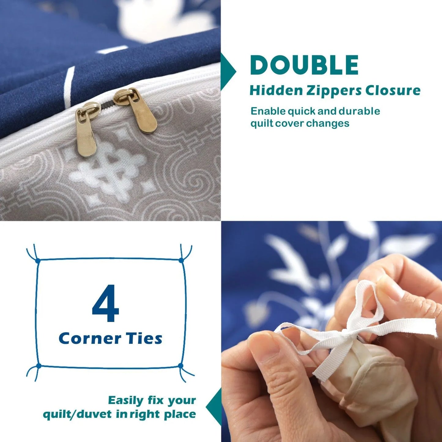 3 Piece Hotel Soft Microfiber Quilt Cover Set-2000TC Duvet/Donna Cover Set & Pillowcases -1 Quilt Cover Zipper Closure & 1 x Pillowcases-Breathable Bedding - Wrinkle, Fade, Stain Resistant(Navy Floral,King) - Image 3