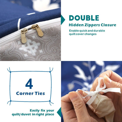 3 Piece Hotel Soft Microfiber Quilt Cover Set-2000TC Duvet/Donna Cover Set & Pillowcases -1 Quilt Cover Zipper Closure & 1 x Pillowcases-Breathable Bedding - Wrinkle, Fade, Stain Resistant(Navy Floral,King) - Image 3