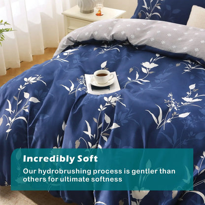3 Piece Hotel Soft Microfiber Quilt Cover Set-2000TC Duvet/Donna Cover Set & Pillowcases -1 Quilt Cover Zipper Closure & 1 x Pillowcases-Breathable Bedding - Wrinkle, Fade, Stain Resistant(Navy Floral,King) - Image 4