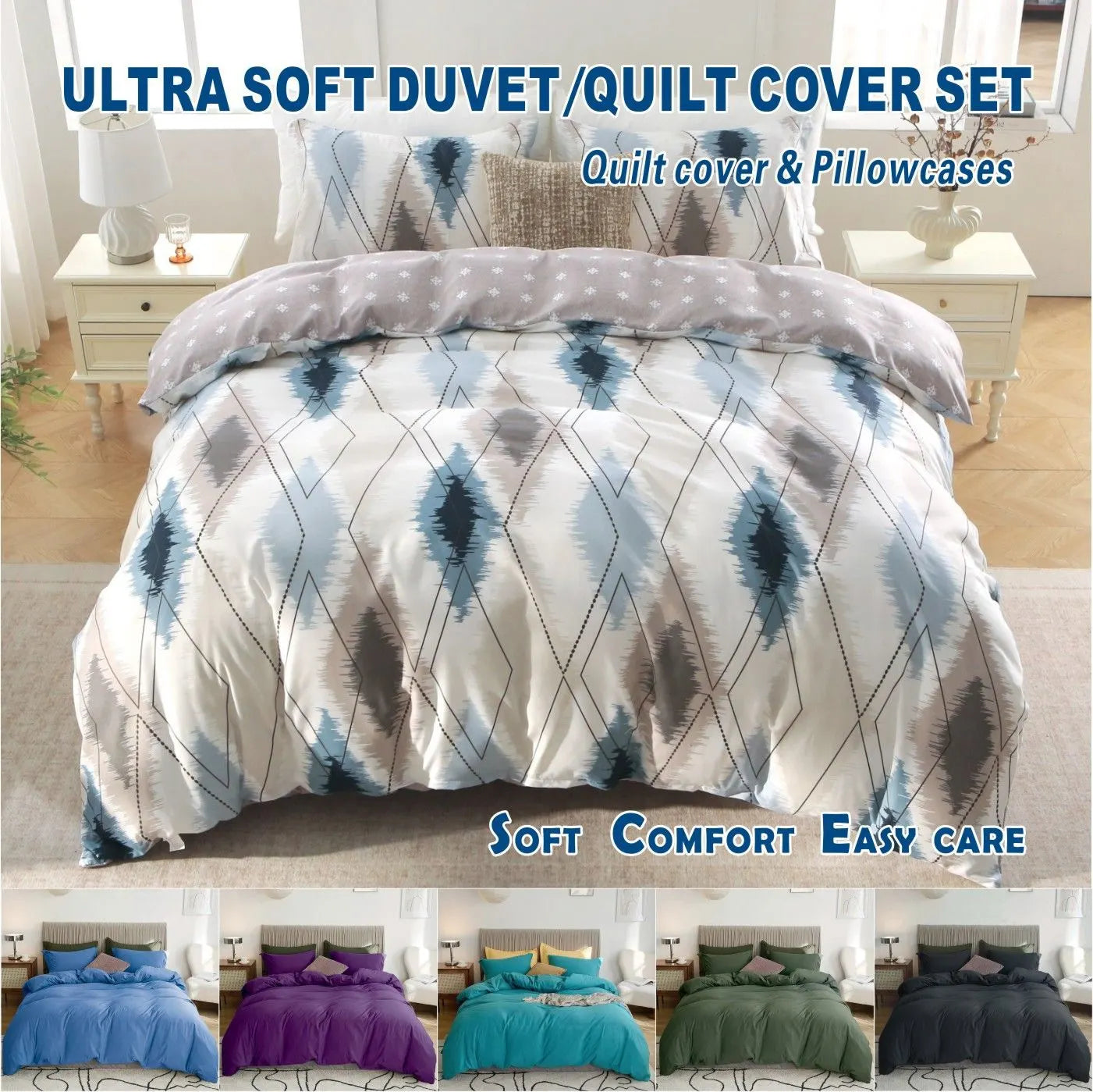 3 Piece Hotel Soft Microfiber Quilt Cover Set-2000TC Duvet/Donna Cover Set & Pillowcases -1 Quilt Cover Zipper Closure & 1 x Pillowcases-Breathable Bedding - Wrinkle, Fade, Stain Resistant(Modern Geometric,King)