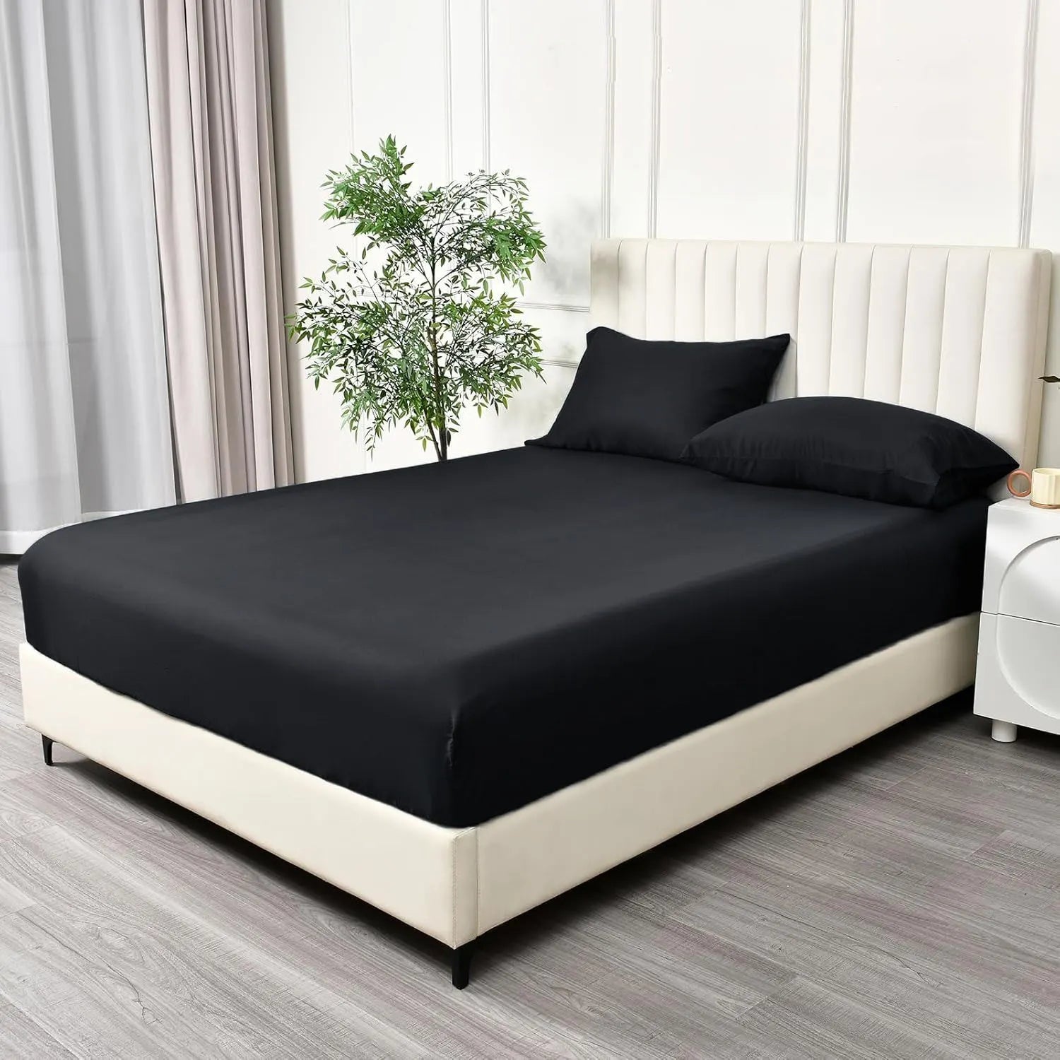 3 Piece Fitted Sheet Set- Fitted Sheet & Pillowcases -Breathable Bedding - Wrinkle, Fade, Stain Resistant- 40cm Deep Pocket Fitted Bed Sheet Set(Black,King) - Image 2