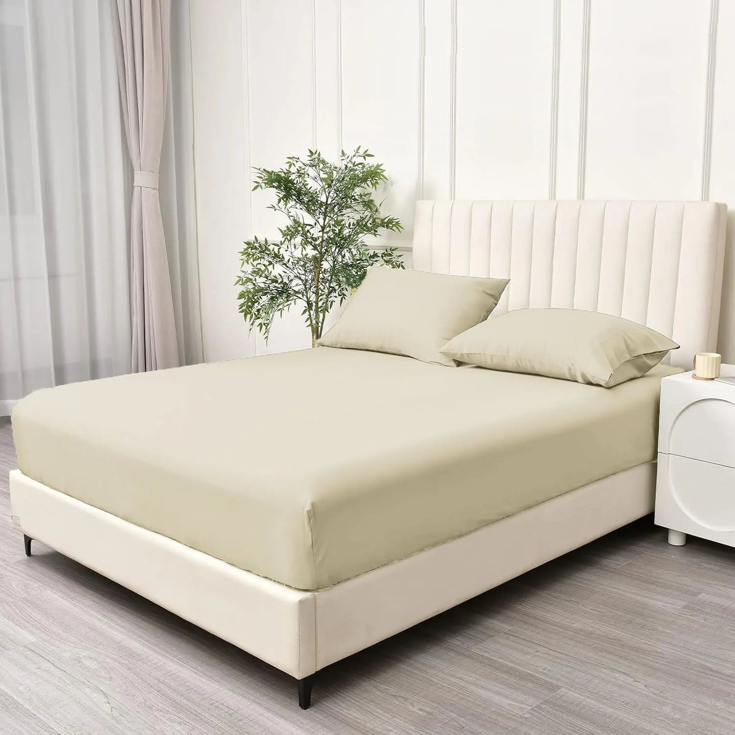 3 Piece Fitted Sheet Set- Fitted Sheet & Pillowcases -Breathable Bedding - Wrinkle, Fade, Stain Resistant- 40cm Deep Pocket Fitted Bed Sheet Set(Cream White,King) - Image 2