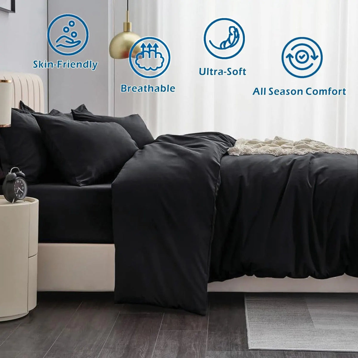 2 Piece Hotel Soft Microfiber Quilt Cover Set-2000TC Duvet/Donna Cover Set & Pillowcases -1 Quilt Cover Zipper Closure & 1 x Pillowcases-Breathable Bedding - Wrinkle, Fade, Stain Resistant(Black,King Single) - Image 2