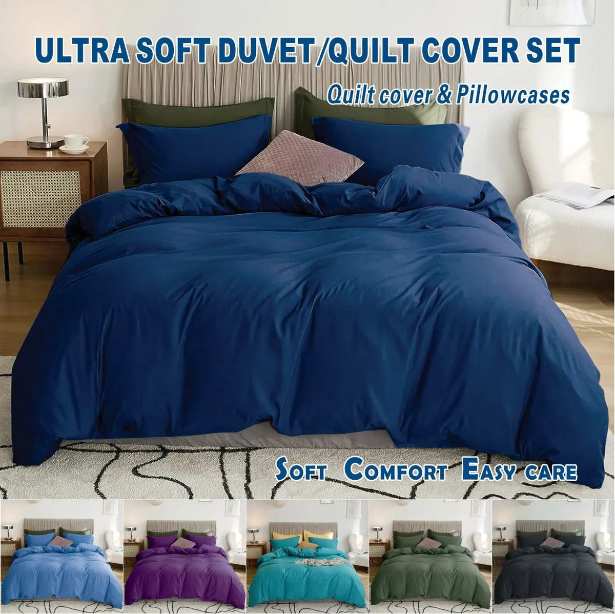 2 Piece Hotel Soft Microfiber Quilt Cover Set-2000TC Duvet/Donna Cover Set & Pillowcases -1 Quilt Cover Zipper Closure & 1 x Pillowcases-Breathable Bedding - Wrinkle, Fade, Stain Resistant(Navy,King Single)