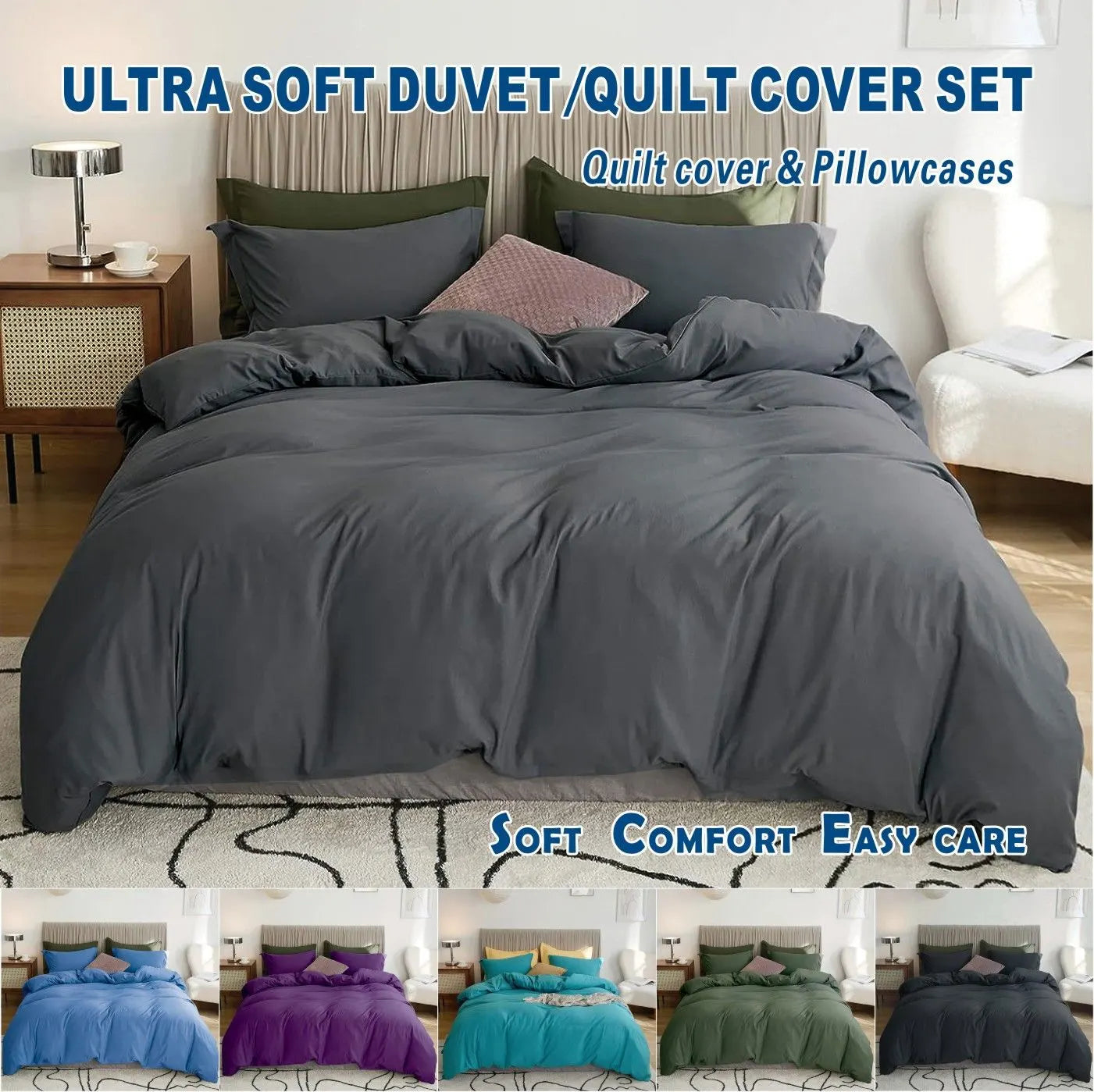 2 Piece Hotel Soft Microfiber Quilt Cover Set-2000TC Duvet/Donna Cover Set & Pillowcases -1 Quilt Cover Zipper Closure & 1 x Pillowcases-Breathable Bedding - Wrinkle, Fade, Stain Resistant(Dark gray,King Single)