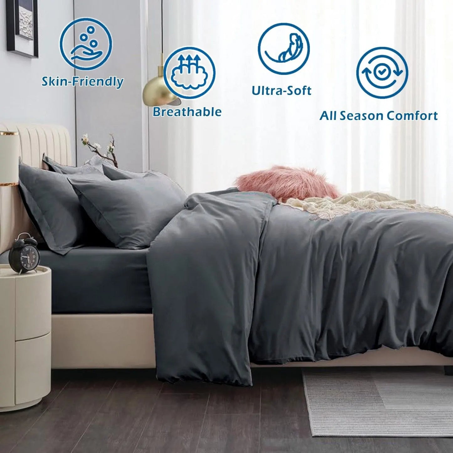 2 Piece Hotel Soft Microfiber Quilt Cover Set-2000TC Duvet/Donna Cover Set & Pillowcases -1 Quilt Cover Zipper Closure & 1 x Pillowcases-Breathable Bedding - Wrinkle, Fade, Stain Resistant(Dark gray,King Single) - Image 2
