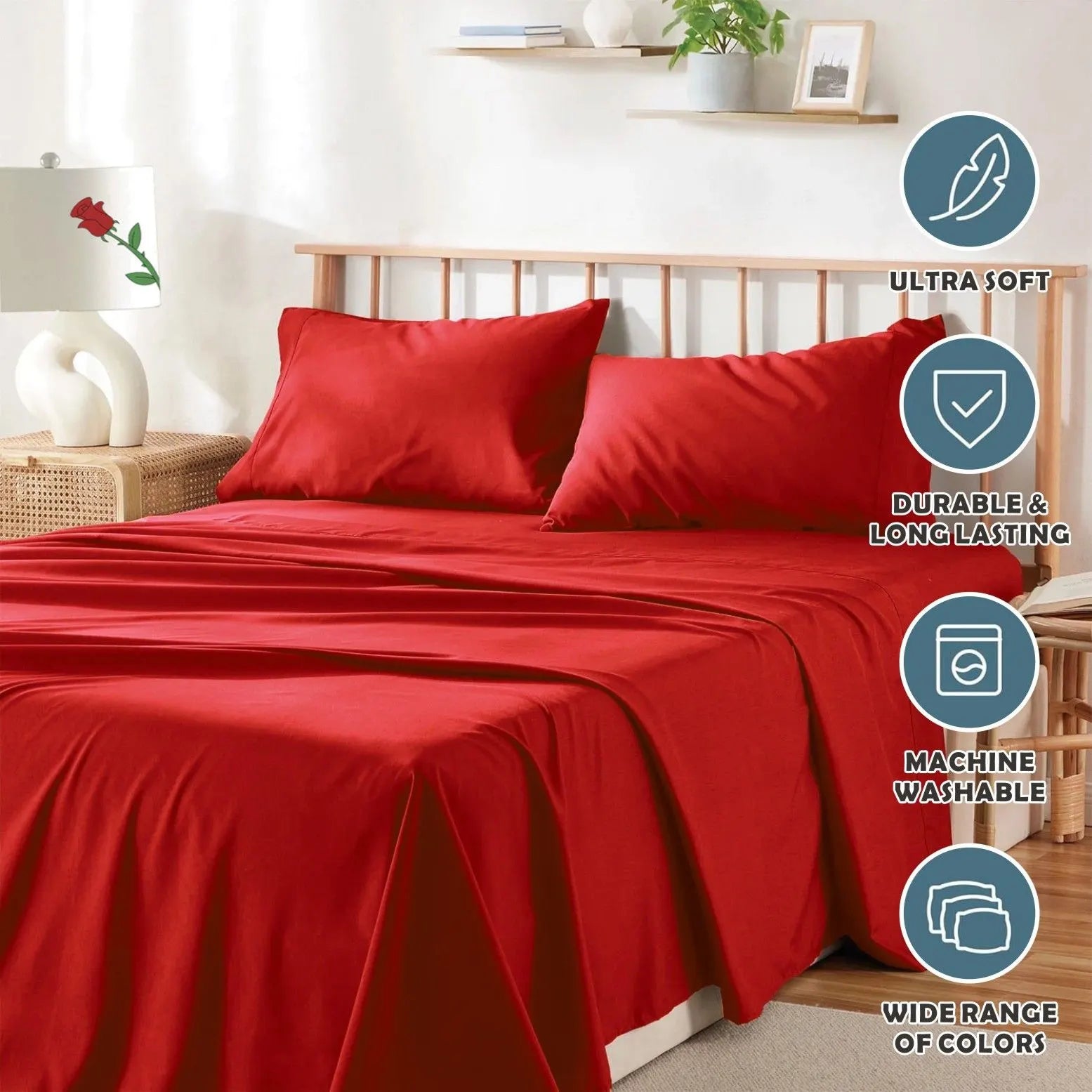 3 Piece Bed Sheet Set- Bedding Sheets & Pillowcases -Breathable Bedding - Wrinkle, Fade, Stain Resistant-Deep Pocket Flat Fitted Bed Sheet Set(Red,King Single) - Image 4