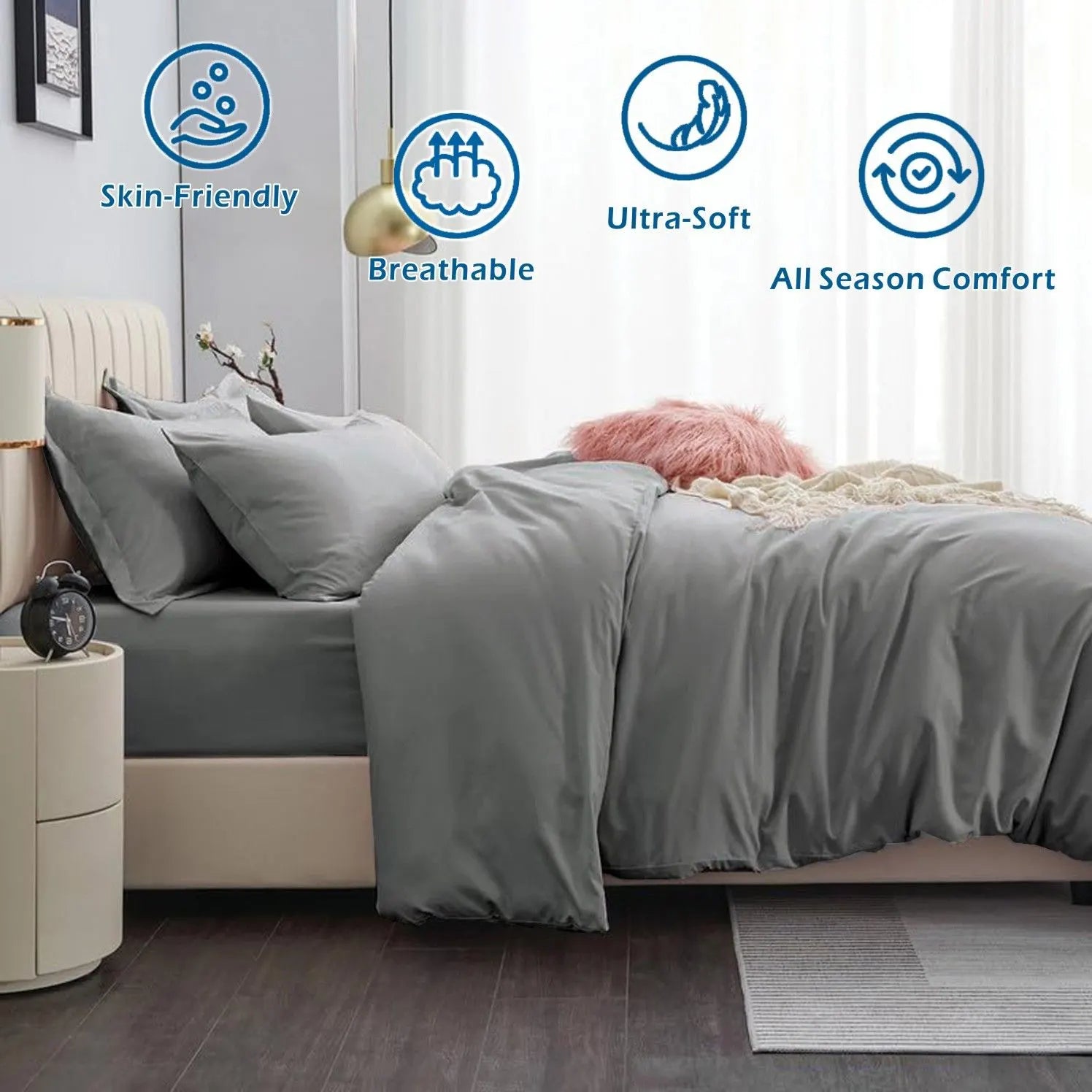 3 Piece Hotel Soft Microfiber Quilt Cover Set-2000TC Duvet/Donna Cover Set & Pillowcases -1 Quilt Cover Zipper Closure & 1 x Pillowcases-Breathable Bedding - Wrinkle, Fade, Stain Resistant(Grey,Queen) - Image 2