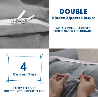 3 Piece Hotel Soft Microfiber Quilt Cover Set-2000TC Duvet/Donna Cover Set & Pillowcases -1 Quilt Cover Zipper Closure & 1 x Pillowcases-Breathable Bedding - Wrinkle, Fade, Stain Resistant(Grey,Queen) - Image 3