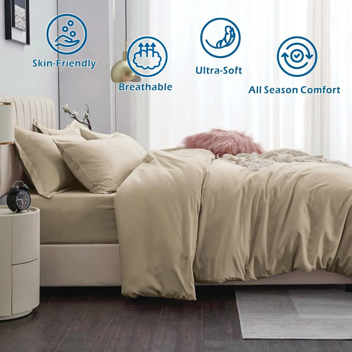 3 Piece Hotel Soft Microfiber Quilt Cover Set-2000TC Duvet/Donna Cover Set & Pillowcases -1 Quilt Cover Zipper Closure & 1 x Pillowcases-Breathable Bedding - Wrinkle, Fade, Stain Resistant(Camel Beige,Queen) - Image 2
