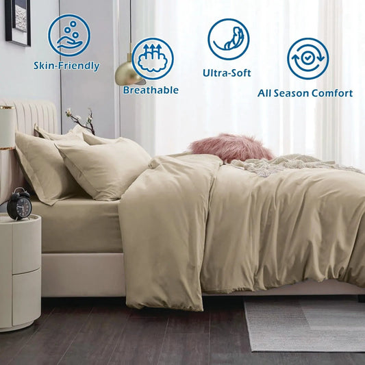 3 Piece Hotel Soft Microfiber Quilt Cover Set-2000TC Duvet/Donna Cover Set & Pillowcases -1 Quilt Cover Zipper Closure & 1 x Pillowcases-Breathable Bedding - Wrinkle, Fade, Stain Resistant(Camel Beige,Queen) - Image 2