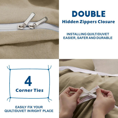 3 Piece Hotel Soft Microfiber Quilt Cover Set-2000TC Duvet/Donna Cover Set & Pillowcases -1 Quilt Cover Zipper Closure & 1 x Pillowcases-Breathable Bedding - Wrinkle, Fade, Stain Resistant(Camel Beige,Queen) - Image 3