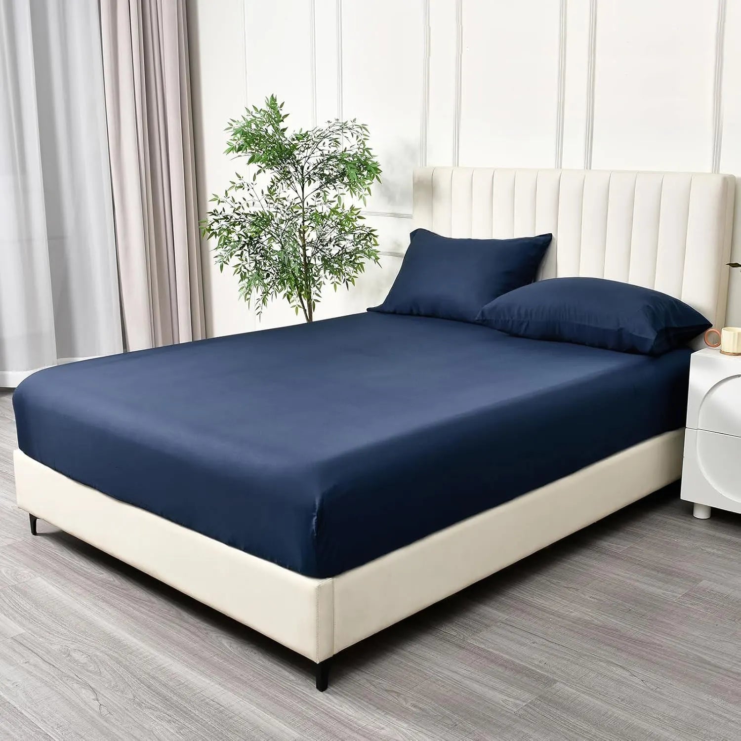 3 Piece Fitted Sheet Set- Fitted Sheet & Pillowcases -Breathable Bedding - Wrinkle, Fade, Stain Resistant- 40cm Deep Pocket Fitted Bed Sheet Set(Navy,Queen) - Image 2