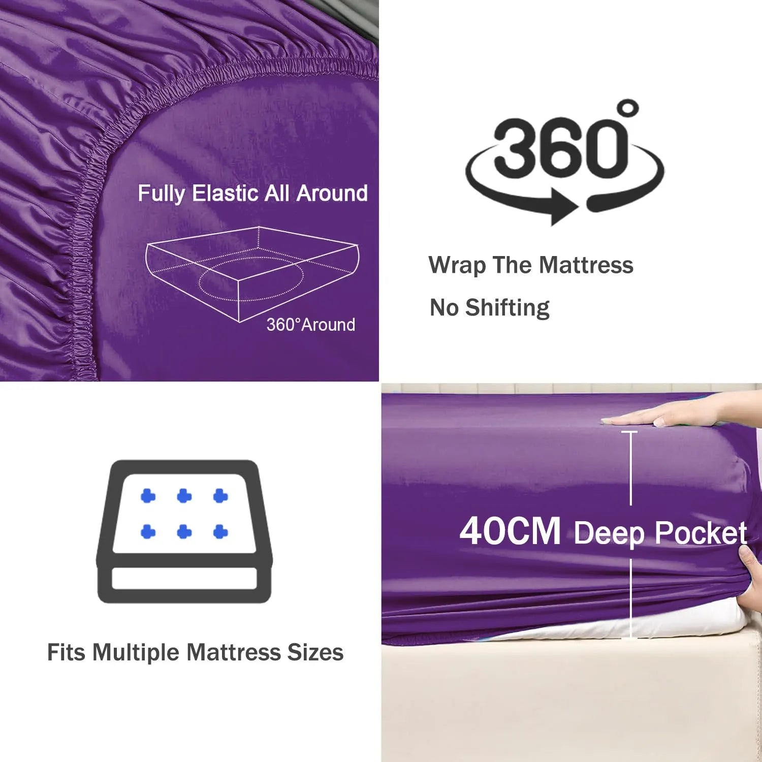 3 Piece Fitted Sheet Set- Fitted Sheet & Pillowcases -Breathable Bedding - Wrinkle, Fade, Stain Resistant- 40cm Deep Pocket Fitted Bed Sheet Set(Purple,Queen) - Image 3