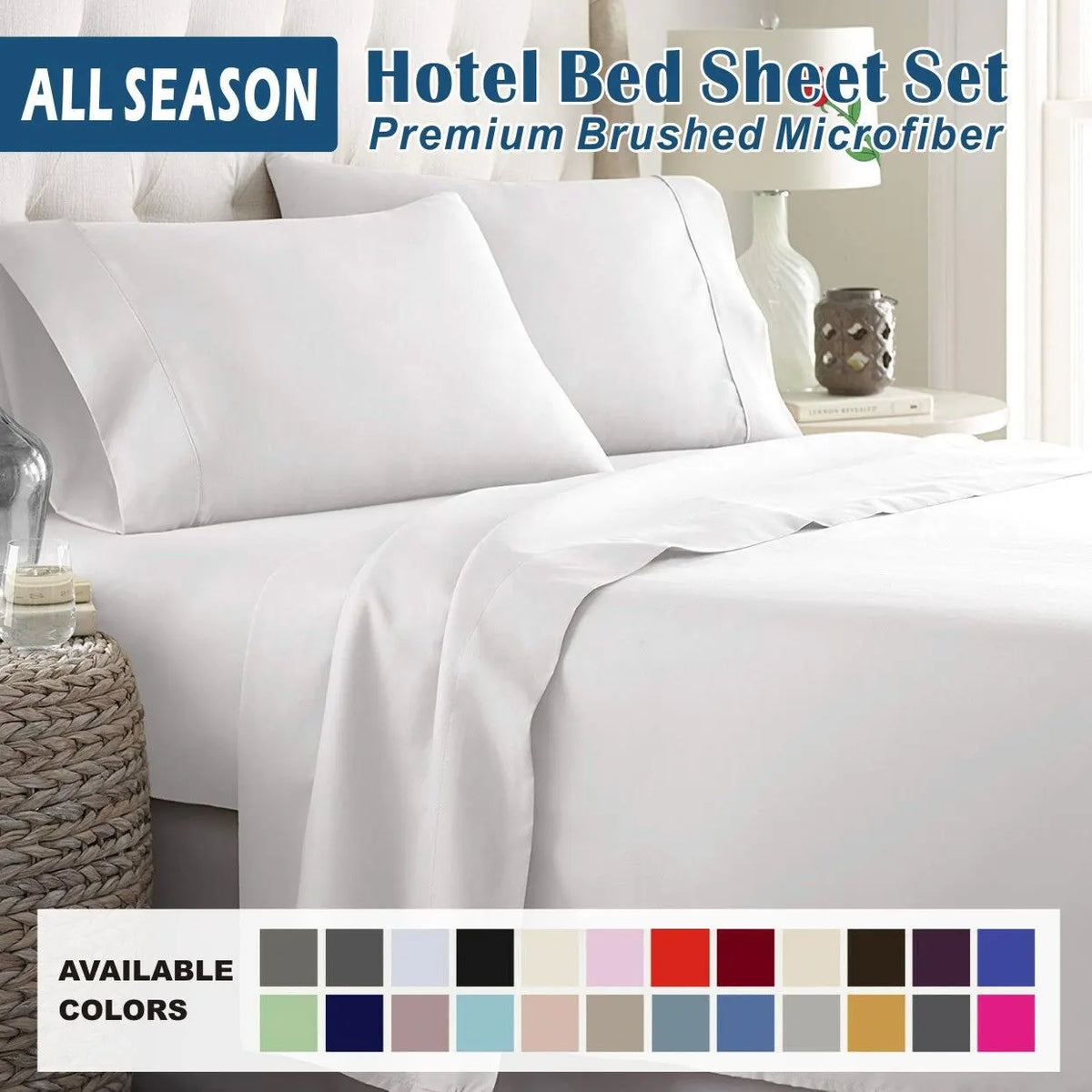 4 Piece Bed Sheet Set- Bedding Sheets & Pillowcases -Breathable Bedding - Wrinkle, Fade, Stain Resistant-Deep Pocket Flat Fitted Bed Sheet Set(White,Queen)