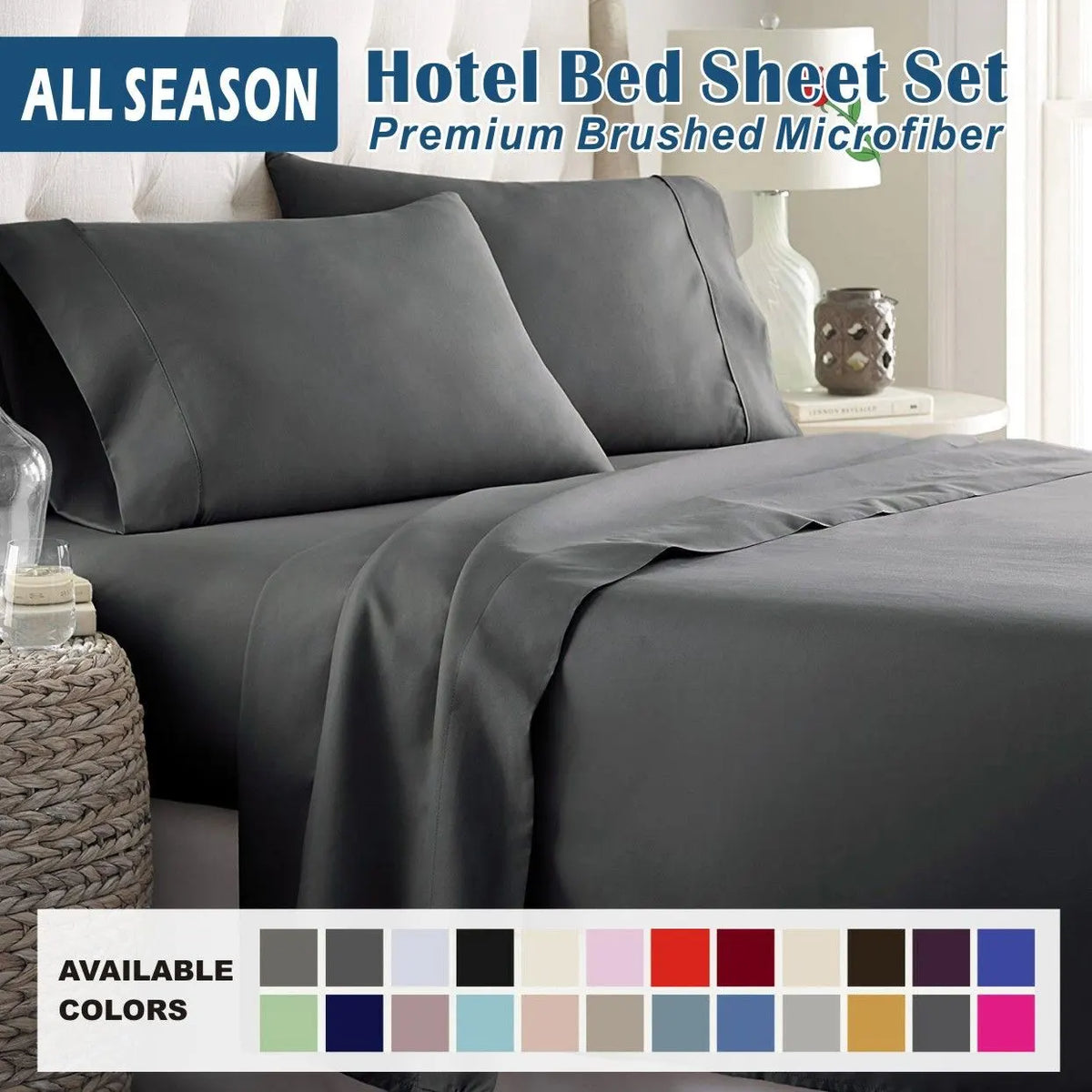 4 Piece Bed Sheet Set- Bedding Sheets & Pillowcases -Breathable Bedding - Wrinkle, Fade, Stain Resistant-Deep Pocket Flat Fitted Bed Sheet Set(Dark gray,Queen)