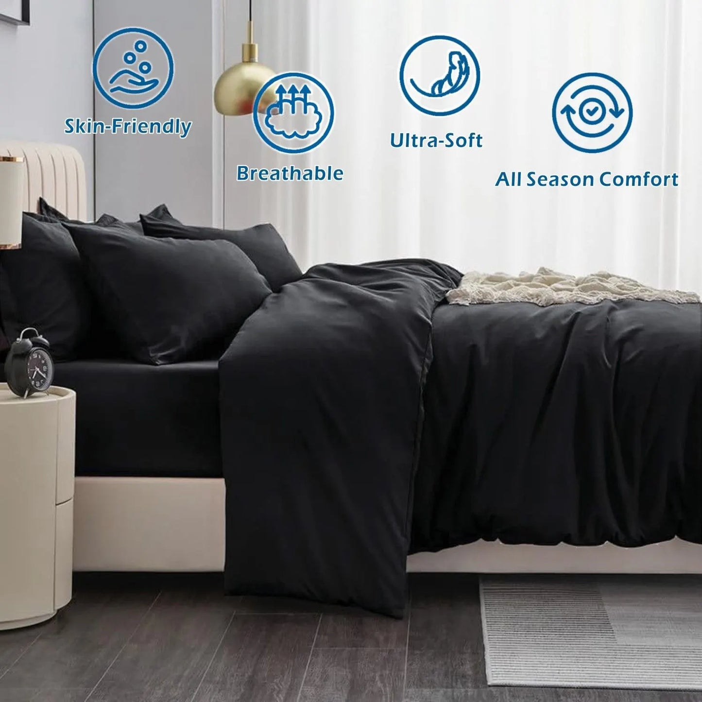 2 Piece Hotel Soft Microfiber Quilt Cover Set-2000TC Duvet/Donna Cover Set & Pillowcases -1 Quilt Cover Zipper Closure & 1 x Pillowcases-Breathable Bedding - Wrinkle, Fade, Stain Resistant(Black,Single) - Image 2