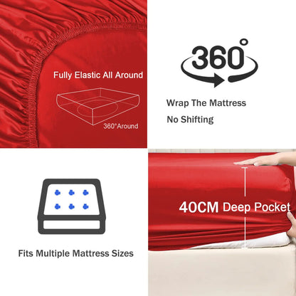 2 Piece Fitted Sheet Set- Fitted Sheet & Pillowcases -Breathable Bedding - Wrinkle, Fade, Stain Resistant- 40cm Deep Pocket Fitted Bed Sheet Set(Red,Single) - Image 3