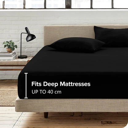2 Piece Fitted Sheet Set- Fitted Sheet & Pillowcases -Breathable Bedding - Wrinkle, Fade, Stain Resistant- 40cm Deep Pocket Fitted Bed Sheet Set(Black,Single)